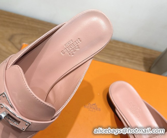 Pretty Style Hermes Oz Flat Mules in Calfskin Leather with Kelly Light Pink 2025 H082004 0820030
