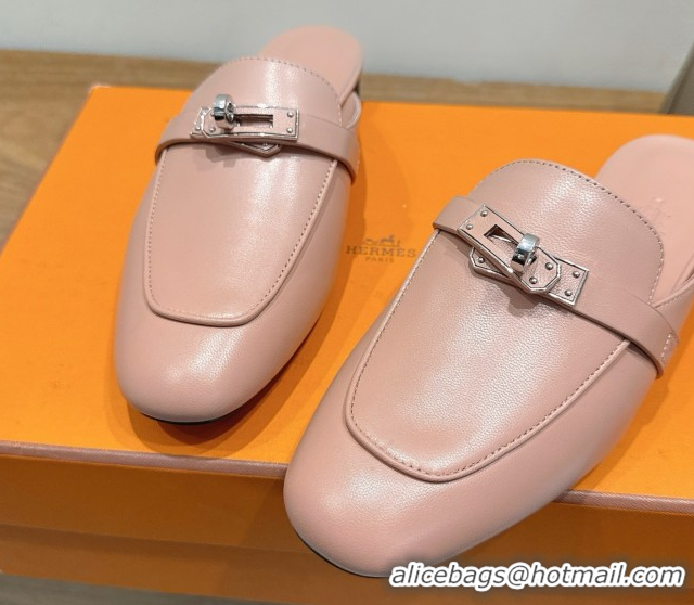 Pretty Style Hermes Oz Flat Mules in Calfskin Leather with Kelly Light Pink 2025 H082004 0820030