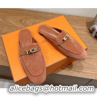 Good Product Hermes Oz Flat Mules in Suede with Kelly Brown 2025 H082004 0820031