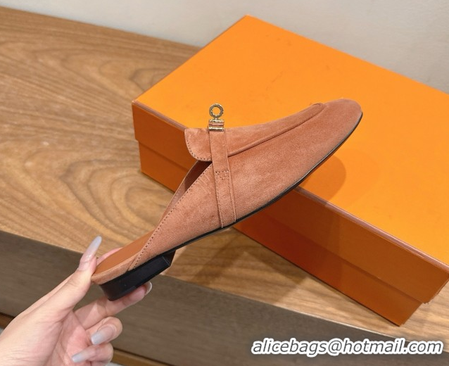 Good Product Hermes Oz Flat Mules in Suede with Kelly Brown 2025 H082004 0820031