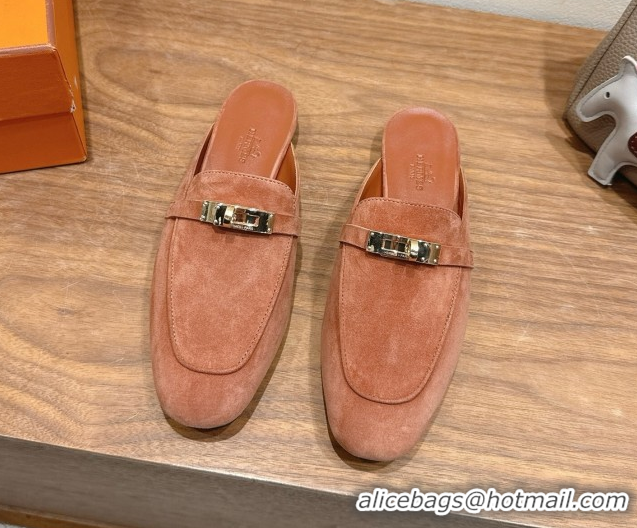 Good Product Hermes Oz Flat Mules in Suede with Kelly Brown 2025 H082004 0820031