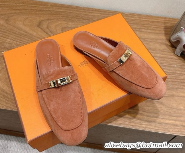 Good Product Hermes Oz Flat Mules in Suede with Kelly Brown 2025 H082004 0820031