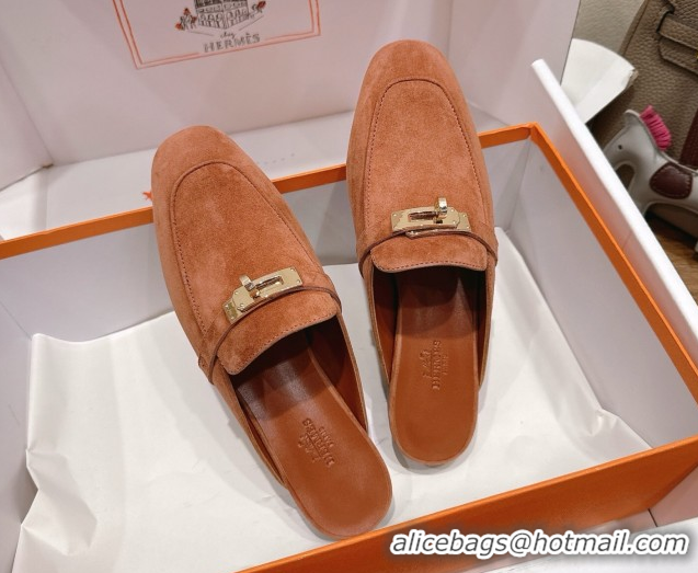 Good Product Hermes Oz Flat Mules in Suede with Kelly Brown 2025 H082004 0820031