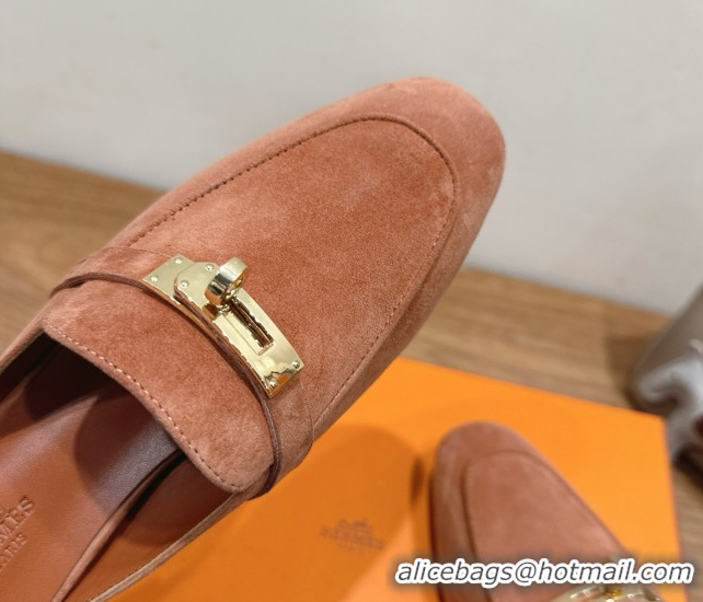Good Product Hermes Oz Flat Mules in Suede with Kelly Brown 2025 H082004 0820031