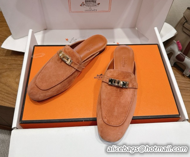 Good Product Hermes Oz Flat Mules in Suede with Kelly Brown 2025 H082004 0820031