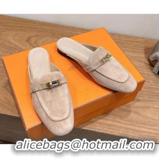 Grade Quality Hermes Oz Flat Mules in Suede with Kelly Beige 2025 H082004 0820032