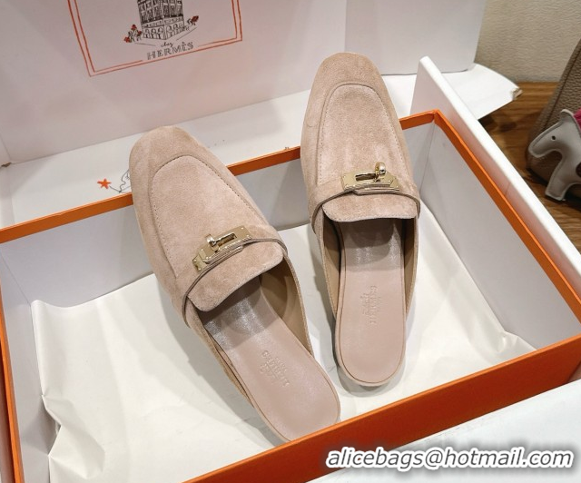 Grade Quality Hermes Oz Flat Mules in Suede with Kelly Beige 2025 H082004 0820032