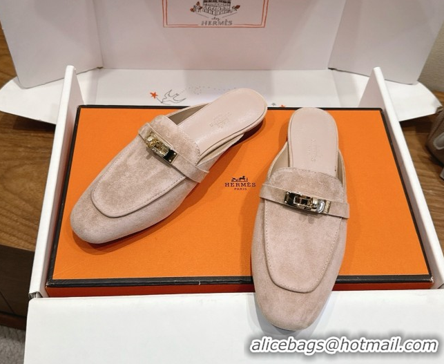 Grade Quality Hermes Oz Flat Mules in Suede with Kelly Beige 2025 H082004 0820032