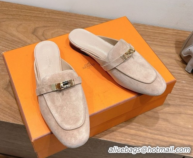 Grade Quality Hermes Oz Flat Mules in Suede with Kelly Beige 2025 H082004 0820032