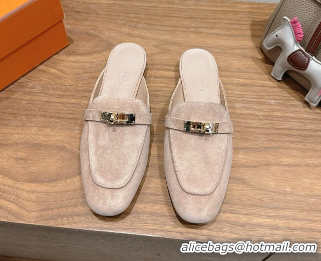 Grade Quality Hermes Oz Flat Mules in Suede with Kelly Beige 2025 H082004 0820032