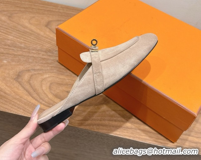 Grade Quality Hermes Oz Flat Mules in Suede with Kelly Beige 2025 H082004 0820032