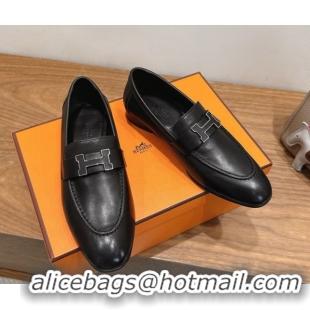 Best Price Hermes Paris Loafers in Calfskin Leather with H Black 2025 H082005 0820033