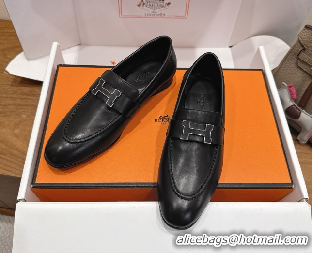 Best Price Hermes Paris Loafers in Calfskin Leather with H Black 2025 H082005 0820033