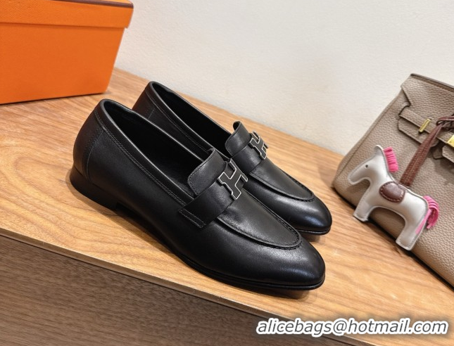 Best Price Hermes Paris Loafers in Calfskin Leather with H Black 2025 H082005 0820033