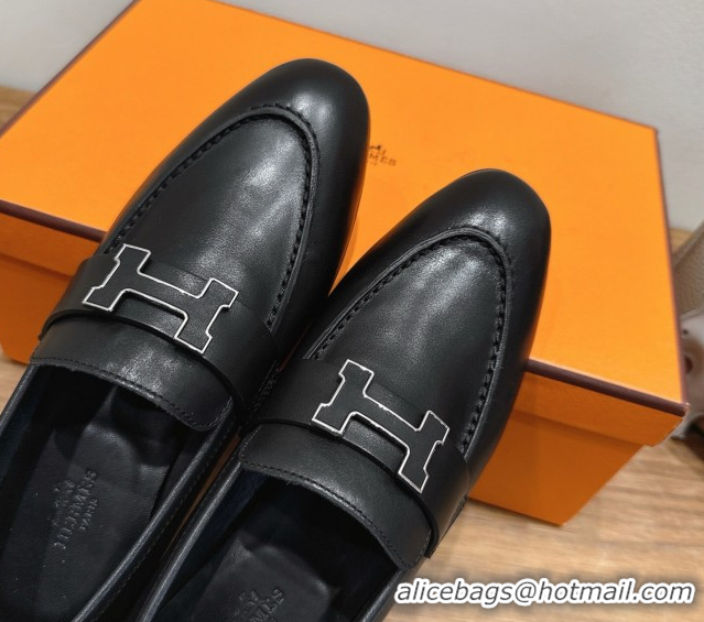 Best Price Hermes Paris Loafers in Calfskin Leather with H Black 2025 H082005 0820033