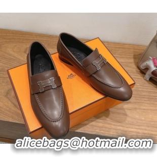 Charming Hermes Paris Loafers in Calfskin Leather with H Taupe 2025 H082005 0820036