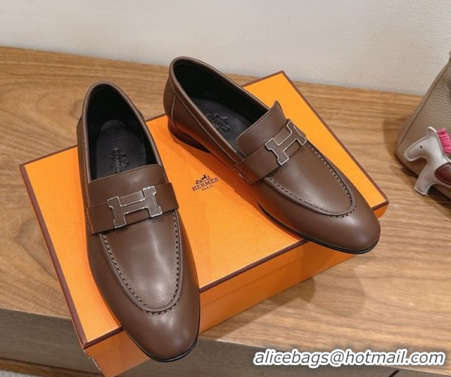 Charming Hermes Paris Loafers in Calfskin Leather with H Taupe 2025 H082005 0820036