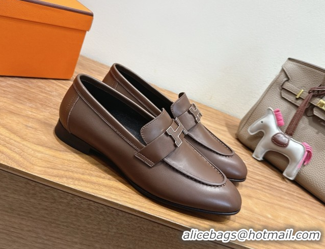 Charming Hermes Paris Loafers in Calfskin Leather with H Taupe 2025 H082005 0820036