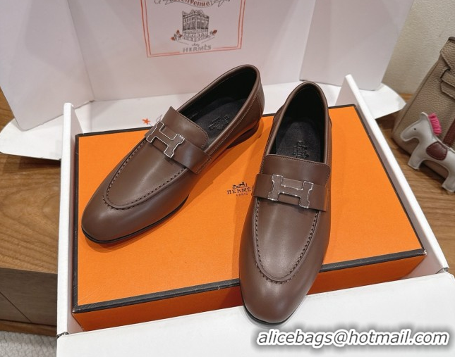 Charming Hermes Paris Loafers in Calfskin Leather with H Taupe 2025 H082005 0820036