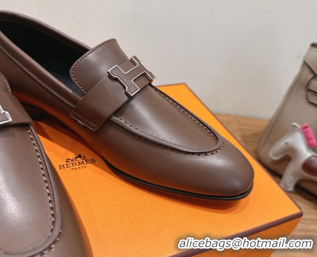 Charming Hermes Paris Loafers in Calfskin Leather with H Taupe 2025 H082005 0820036