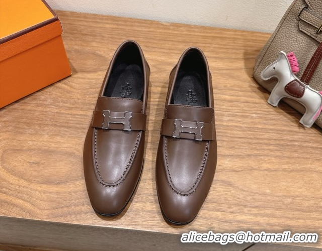 Charming Hermes Paris Loafers in Calfskin Leather with H Taupe 2025 H082005 0820036