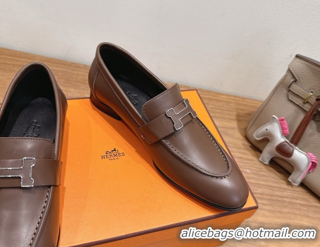 Charming Hermes Paris Loafers in Calfskin Leather with H Taupe 2025 H082005 0820036