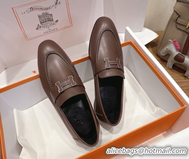 Charming Hermes Paris Loafers in Calfskin Leather with H Taupe 2025 H082005 0820036