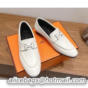 Good Product Hermes Paris Loafers in Calfskin Leather with H White 2025 H082005 0820037