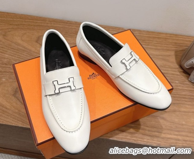 Good Product Hermes Paris Loafers in Calfskin Leather with H White 2025 H082005 0820037