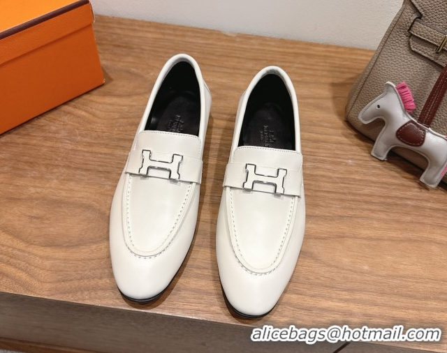 Good Product Hermes Paris Loafers in Calfskin Leather with H White 2025 H082005 0820037