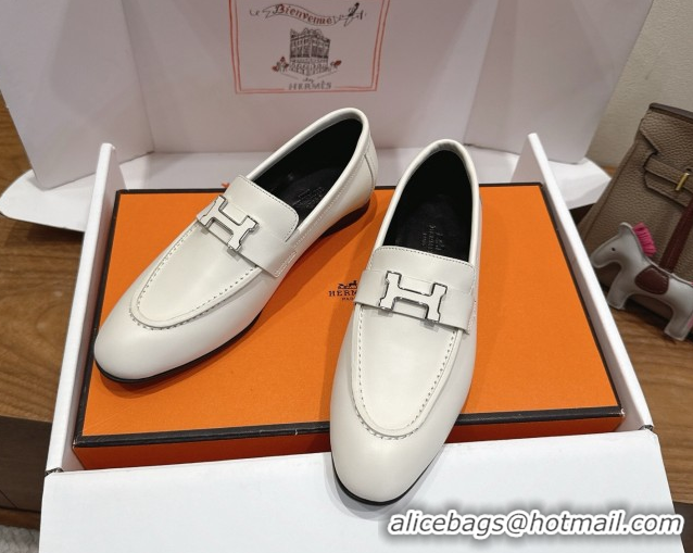 Good Product Hermes Paris Loafers in Calfskin Leather with H White 2025 H082005 0820037