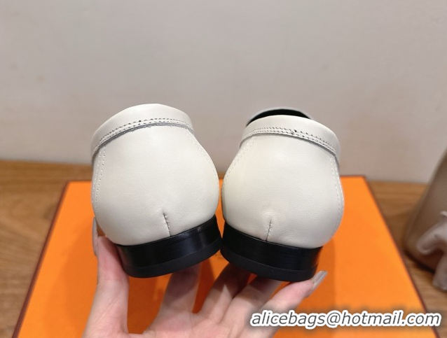 Good Product Hermes Paris Loafers in Calfskin Leather with H White 2025 H082005 0820037