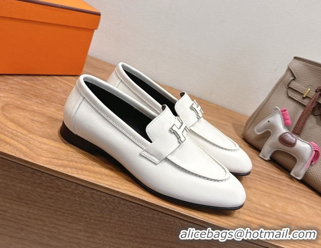 Good Product Hermes Paris Loafers in Calfskin Leather with H White 2025 H082005 0820037