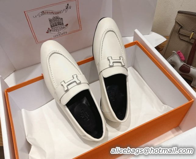 Good Product Hermes Paris Loafers in Calfskin Leather with H White 2025 H082005 0820037
