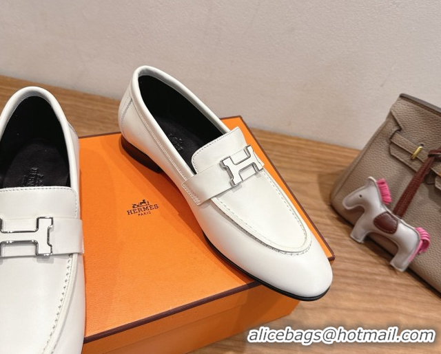 Good Product Hermes Paris Loafers in Calfskin Leather with H White 2025 H082005 0820037
