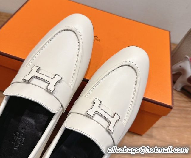 Good Product Hermes Paris Loafers in Calfskin Leather with H White 2025 H082005 0820037