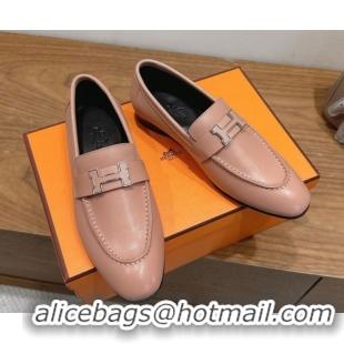 Sumptuous Hermes Paris Loafers in Calfskin Leather with H Pale Pink 2025 H082005 0820040