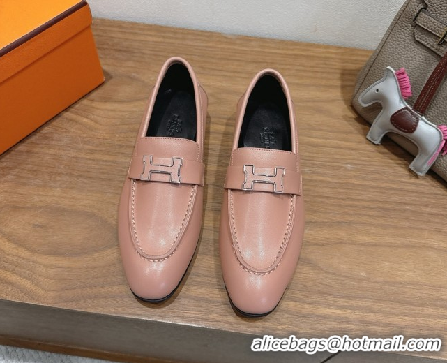 Sumptuous Hermes Paris Loafers in Calfskin Leather with H Pale Pink 2025 H082005 0820040