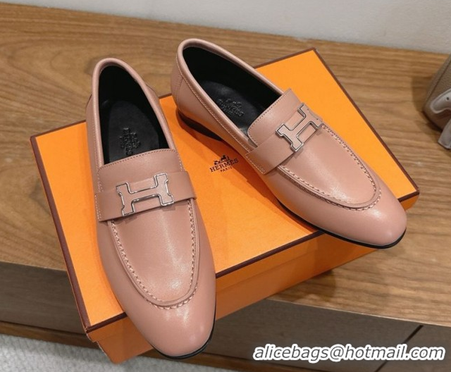 Sumptuous Hermes Paris Loafers in Calfskin Leather with H Pale Pink 2025 H082005 0820040