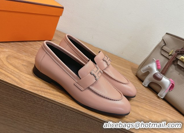 Sumptuous Hermes Paris Loafers in Calfskin Leather with H Pale Pink 2025 H082005 0820040