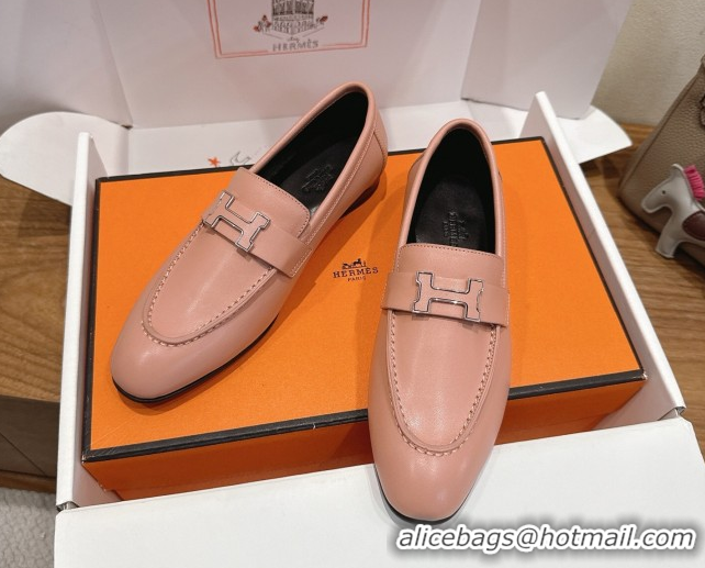 Sumptuous Hermes Paris Loafers in Calfskin Leather with H Pale Pink 2025 H082005 0820040
