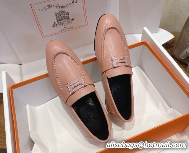 Sumptuous Hermes Paris Loafers in Calfskin Leather with H Pale Pink 2025 H082005 0820040