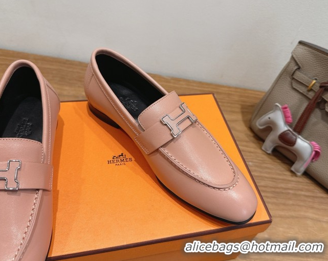 Sumptuous Hermes Paris Loafers in Calfskin Leather with H Pale Pink 2025 H082005 0820040