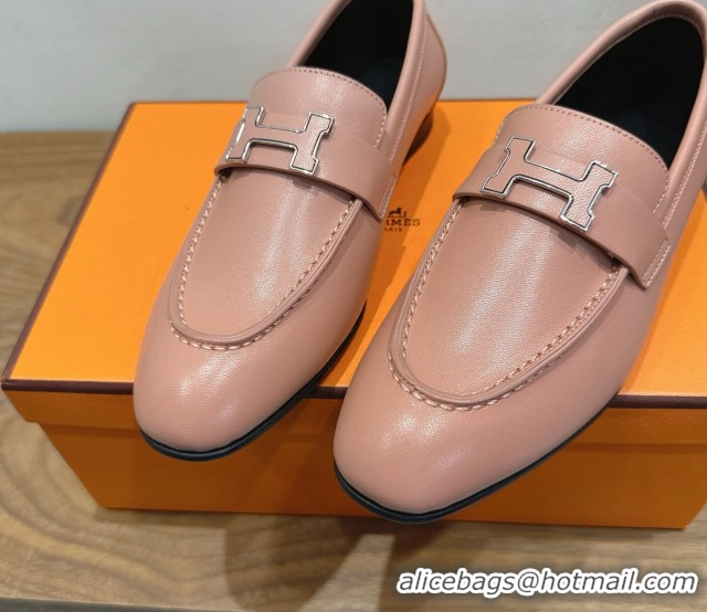 Sumptuous Hermes Paris Loafers in Calfskin Leather with H Pale Pink 2025 H082005 0820040