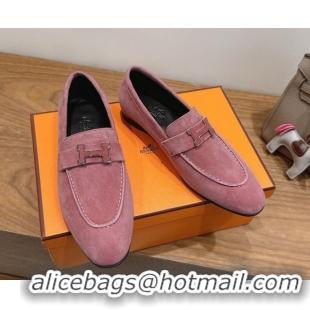 Good Quality Hermes Paris Loafers in Suede with H Pink2 2025 H082005 0820042
