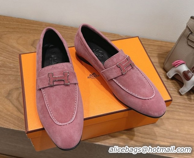 Good Quality Hermes Paris Loafers in Suede with H Pink2 2025 H082005 0820042