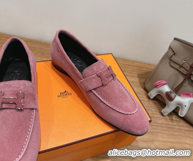 Good Quality Hermes Paris Loafers in Suede with H Pink2 2025 H082005 0820042