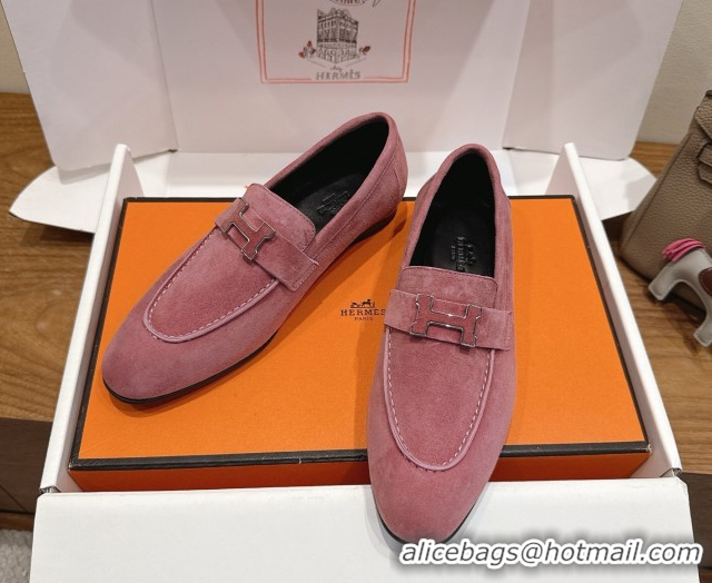 Good Quality Hermes Paris Loafers in Suede with H Pink2 2025 H082005 0820042