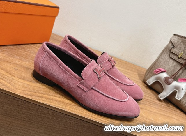 Good Quality Hermes Paris Loafers in Suede with H Pink2 2025 H082005 0820042