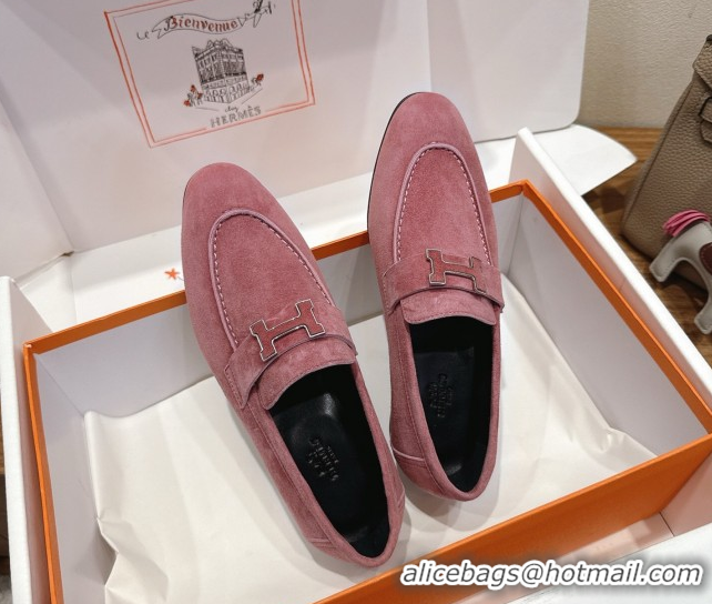 Good Quality Hermes Paris Loafers in Suede with H Pink2 2025 H082005 0820042